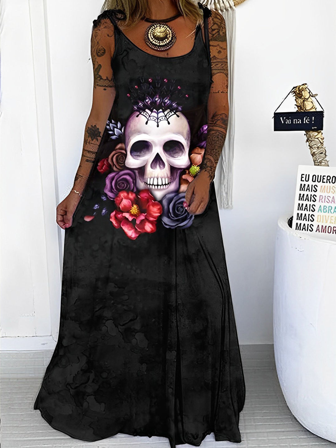 Women's Spaghetti Strap Rose Skull Print Maxi Dress