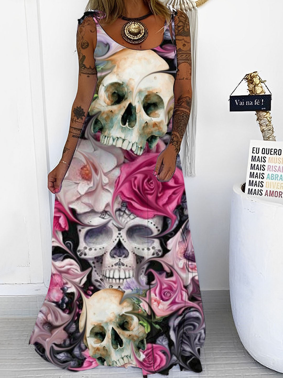 Skull Pink Rose Print Spaghetti Maxi Dress