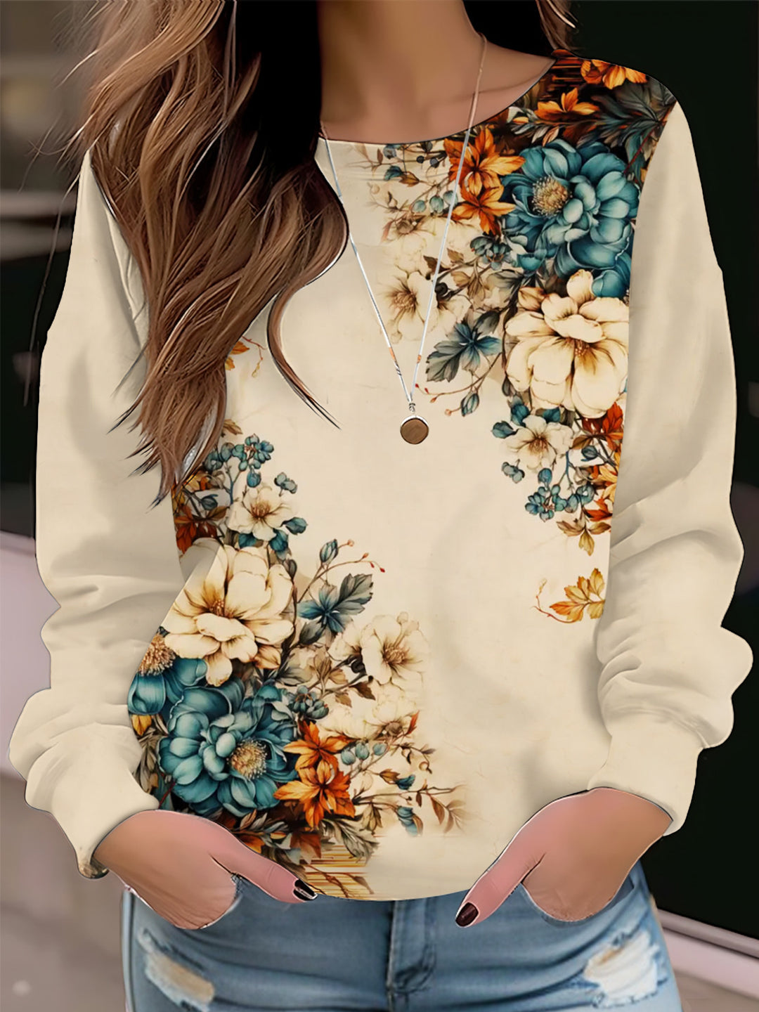 Women's Floral Print Long Sleeve Casual Top