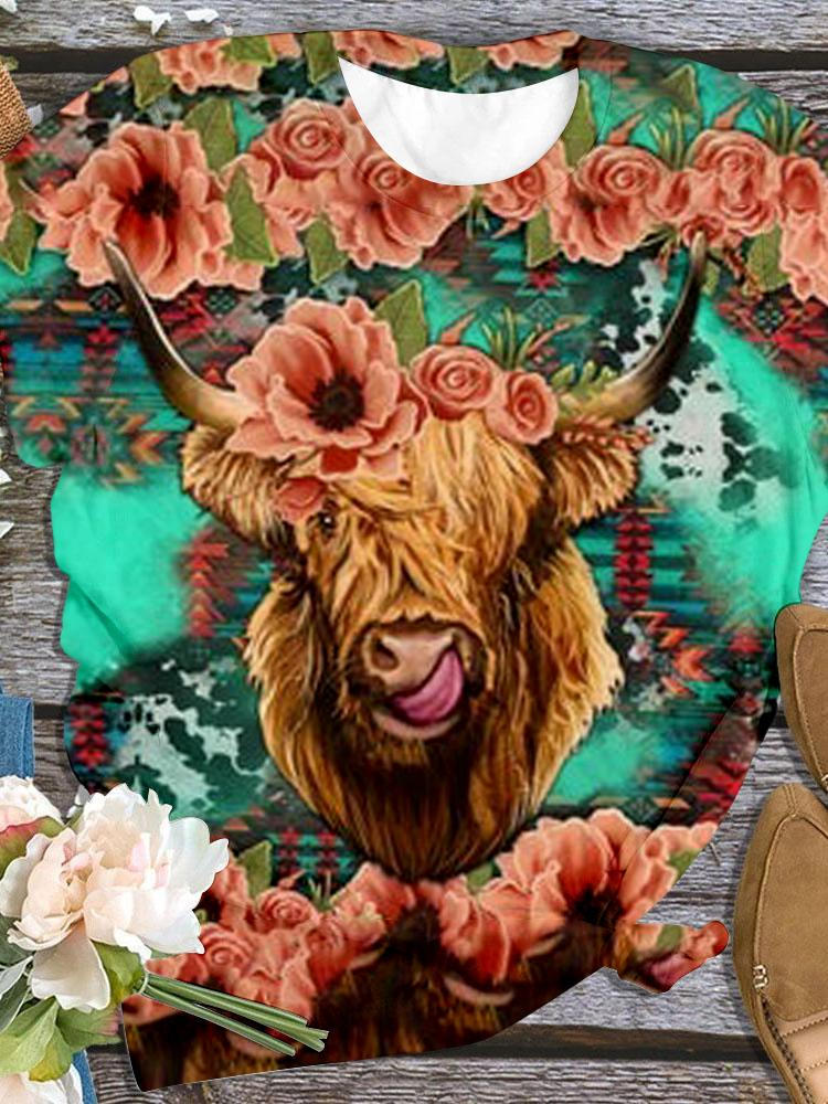 Western Floral Highland Cow Print Casual T-shirt