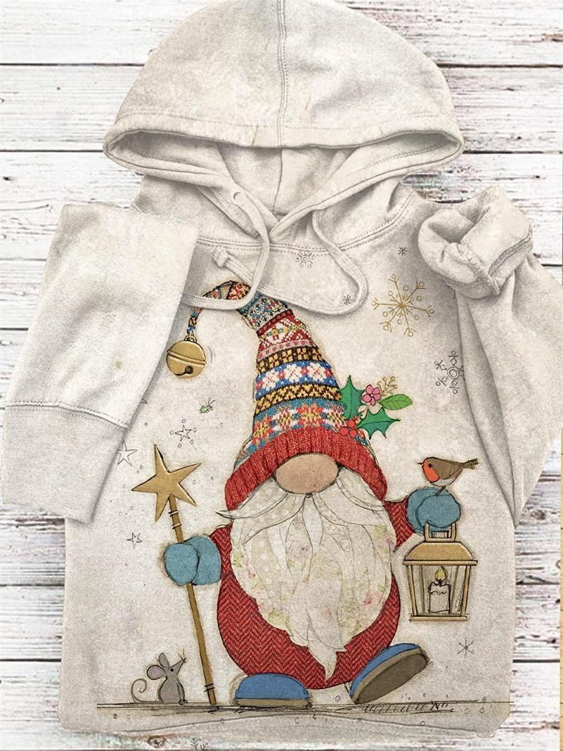 Women's Christmas Gnome Print Pocket Hooded Top