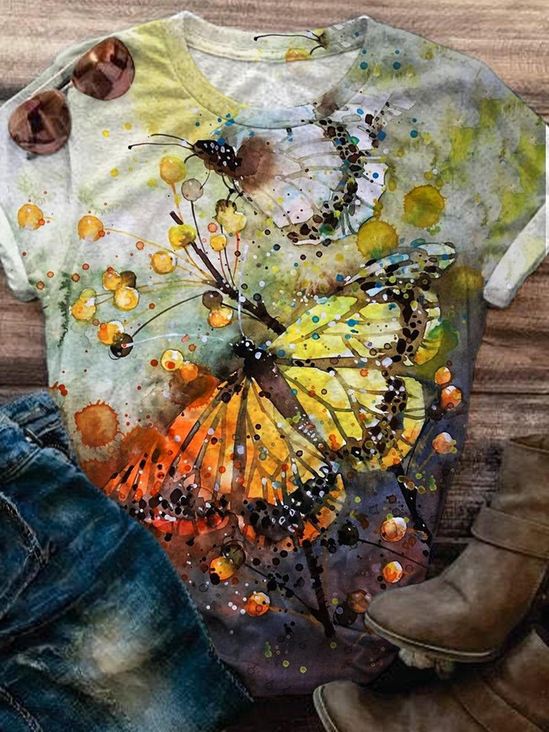 Watercolor Butterfly Crew Neck T-shirt