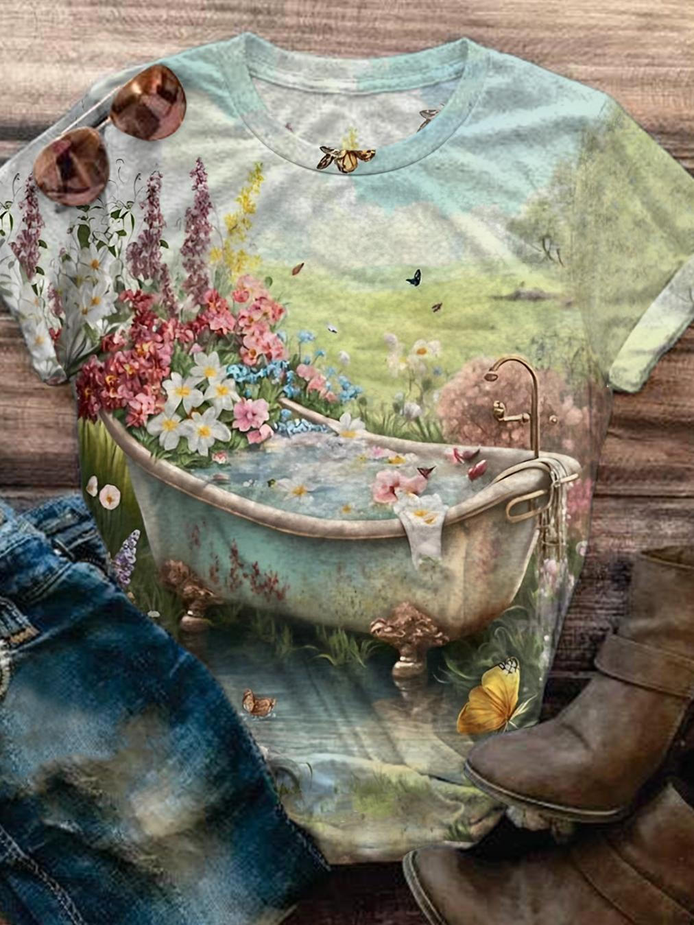 Retro Flower Bathtub Print Crew Neck T-shirt