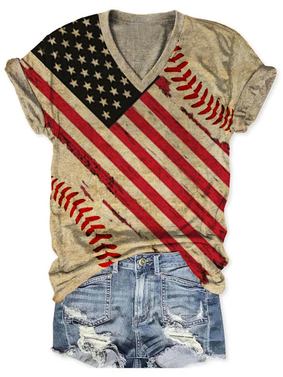 Women's American Flag Baseball Khaki T-Shirt