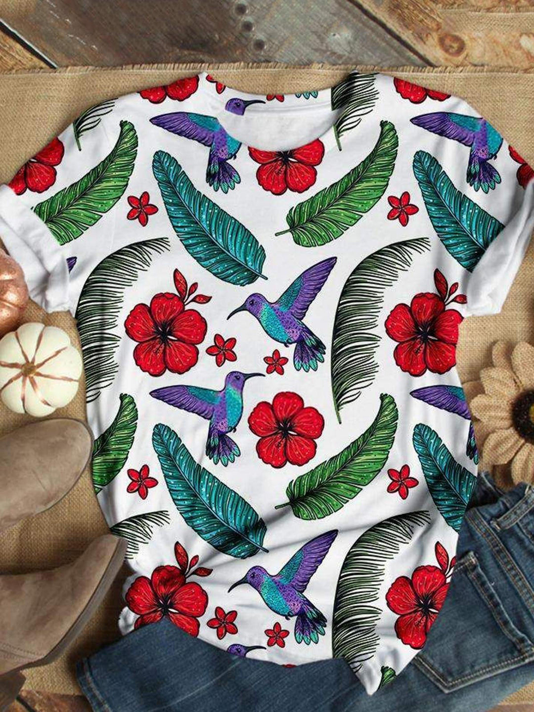 Leaf Bird Flower Crew Neck T-shirt