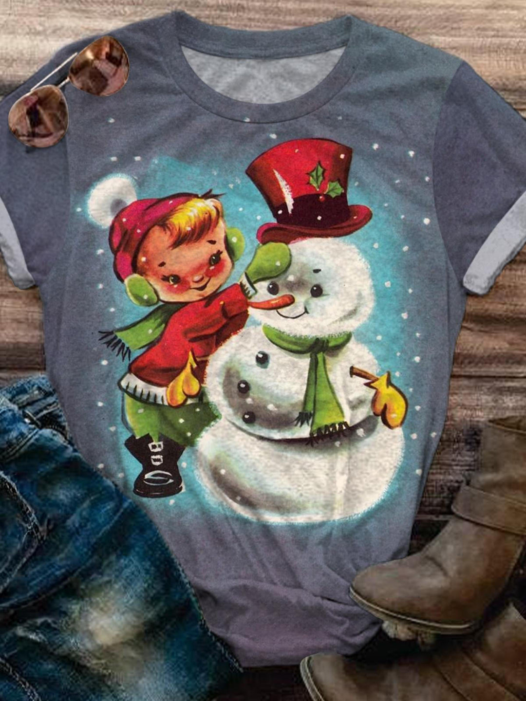 Snowman And Little Boy Crew Neck T-shirt