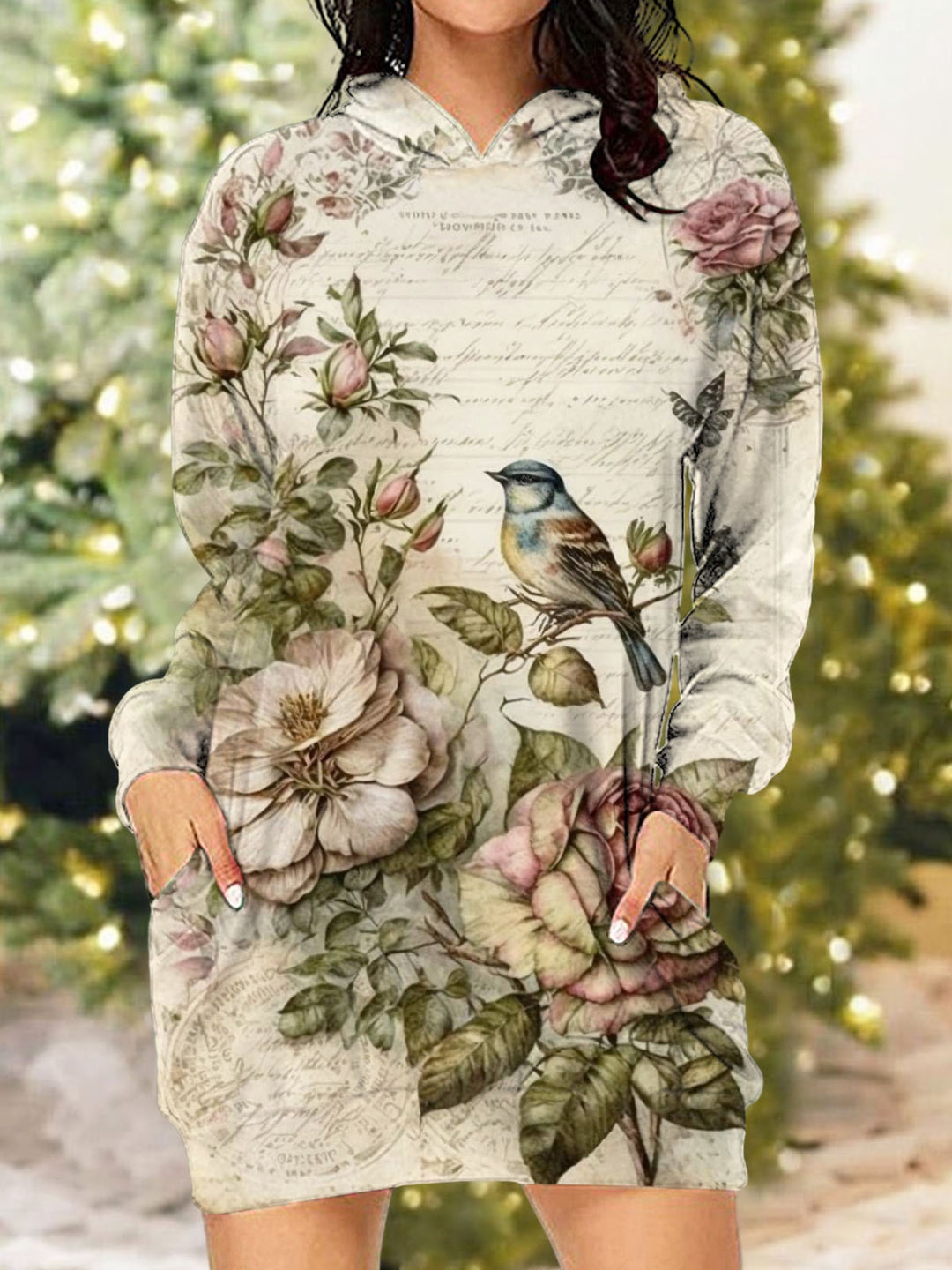 Women's Vintage Floral and Bird Hooded Dress