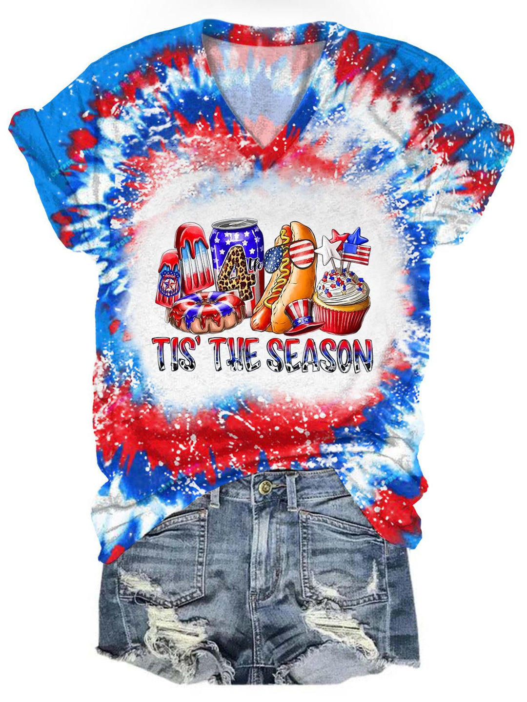 Women's It's the Season Independence Day Tie Dye Flag Print Top